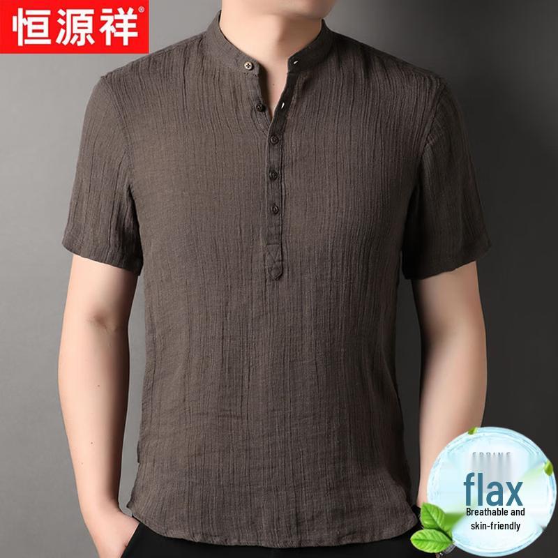 Hengyuanxiang Men s Pure Linen Short-Sleeve Shirt XL