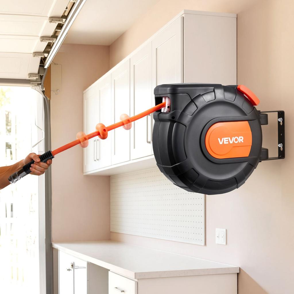 Retractable Air Hose Reel, 15m x 9.5mm PVC Air Hose Max 300PSI, Enclosed Air-Compressor Hoses Reel Auto Rewind with 1m Lead in, 180° Swivel
