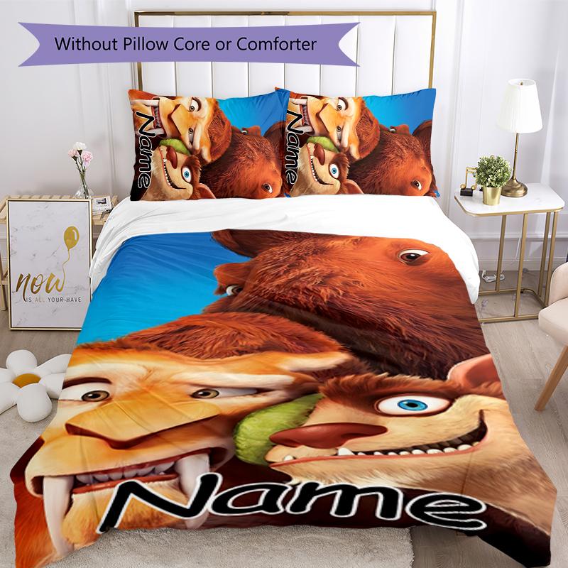 Juego de Ropa de Cama con Nombre Personalizado de Dibujos Animados Ice Age: El Origen de los Dinosaurios, Cierre de Funda Nórdica, Incluye 1 Funda Nórdica y 2 Fundas de Almohada para Todas las Estaciones, Dormitorio