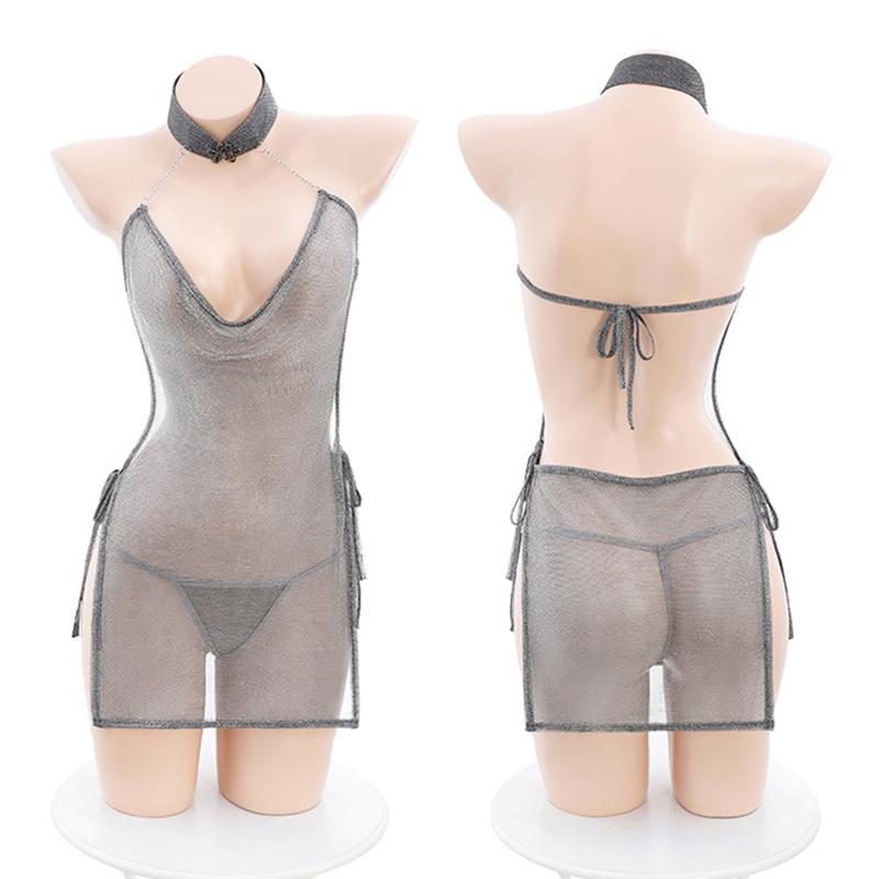 Glitter tulle deep V straps backless cheongsam sex underwear sexy uniform nightclub passion perspective seduction suit