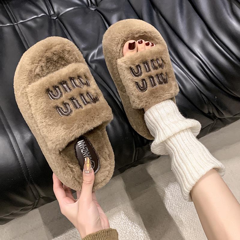 Thick-soled Fluffy Slippers Women's Outer Wear 2025 New Autumn and Winter Casual Fashion Plush Letter One-word Cotton Slippers