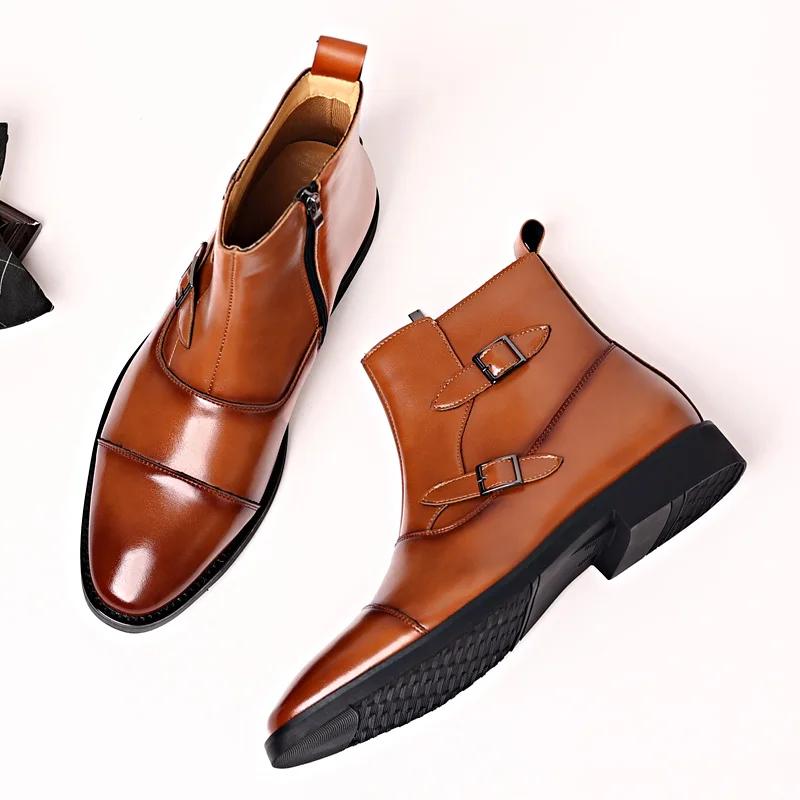 Browm Men Short Boots Double Buckle Men's Ankle Boot Side Zipper Black Business Pu Leather Size 38-46  Mens Boots