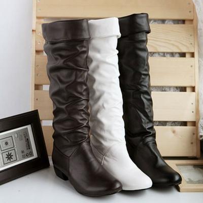 Shoes for Women Knee High Boots Red Black White Tall Boots Woman Pleated Low Heel Casual Leather Female Long Shoes
