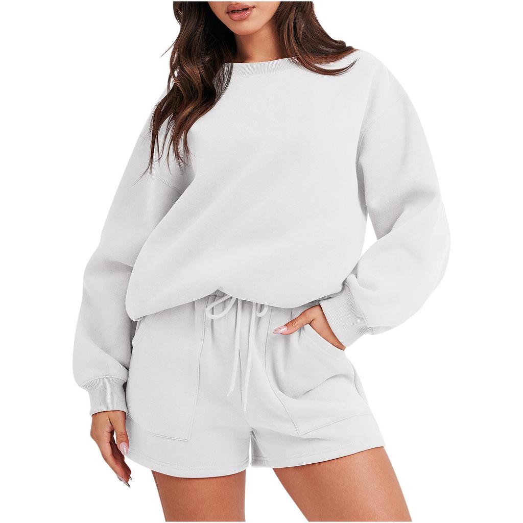 Women's Fashion Sportswear Casual Long-Sleeved Pullover Sweatshirt Drawstring Shorts Set