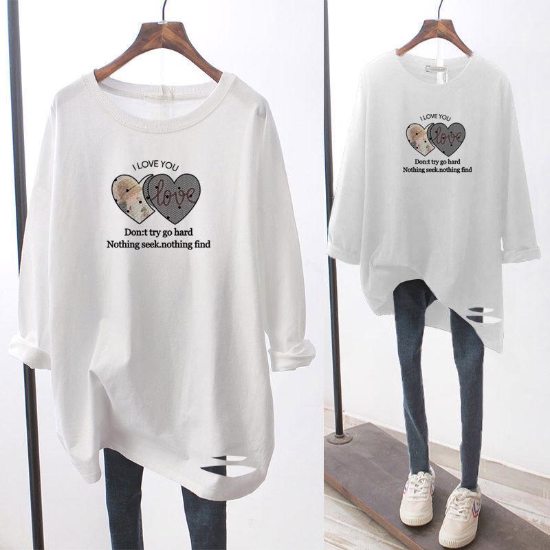 2024 Women's Autumn/Winter Pure Cotton Long-Sleeve Loose Korean Mid-Length Casual T-Shirt