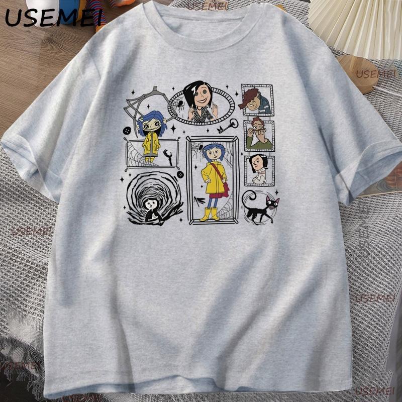 Vintage Coraline Halloween TShirt Y2k Spooky Tshirt Horror Graphic T Shirts Cotton Short Sleeve Unisexs Clothing Male Tops Tee