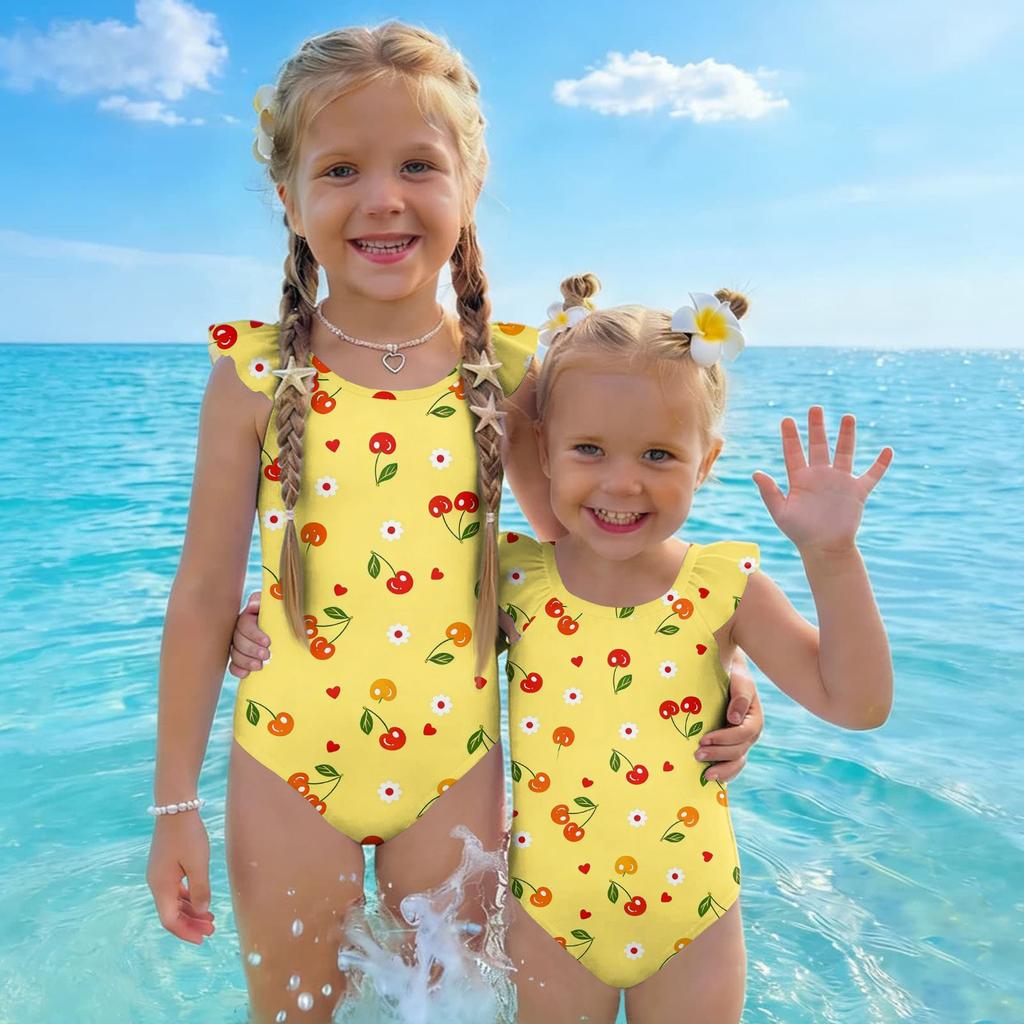 Girls One Piece Swimsuit Summer Kids Fruit Print Swimwear Toddler Children Casual Fashion Ruffle Sleeve Bathing Suit