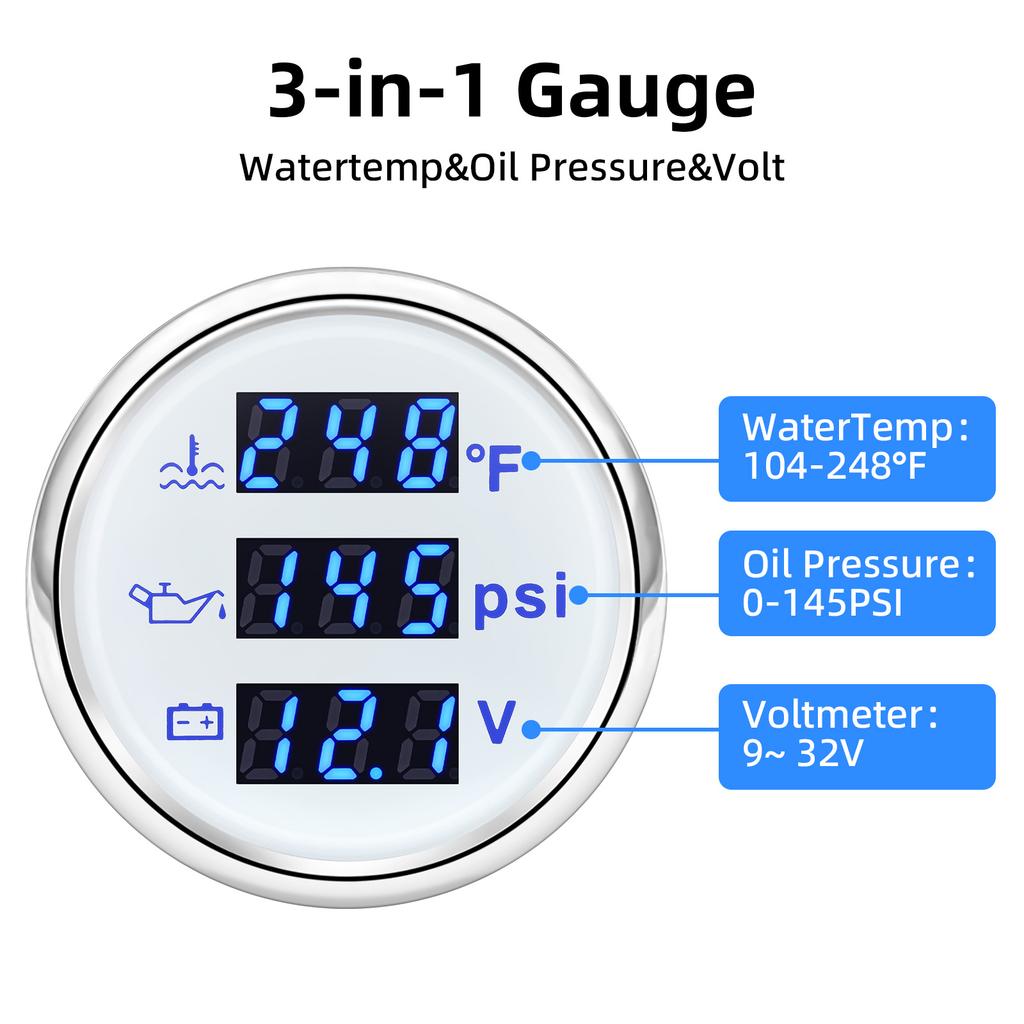 Digital 52mm 3 in 1 Water Temperature+Oil Pressure+Volt Gauge Sensors( Option) For Marine Boat Car Waterproof Gauge 12V24V