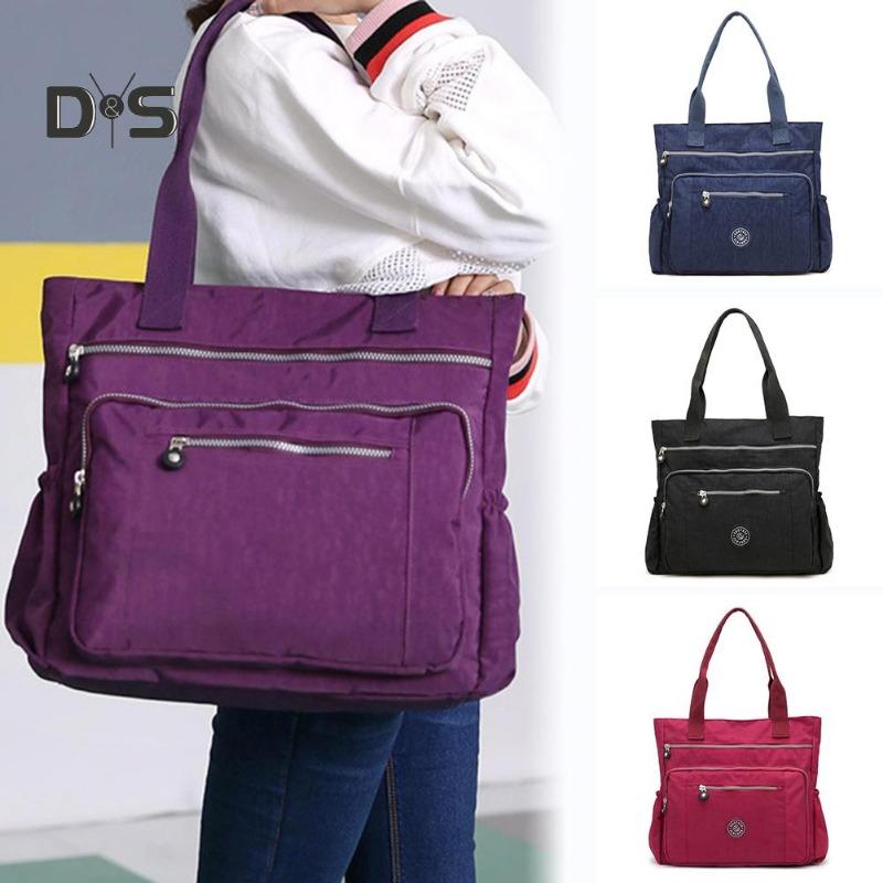 Solid Color Multi Pocket Zip Handbag Nylon Shoulder Storage Bag