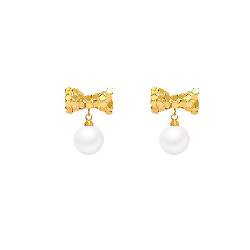Sterling silver needle geometric splicing bow glass pearl earrings women's European and American style elegant and unique earrings tide