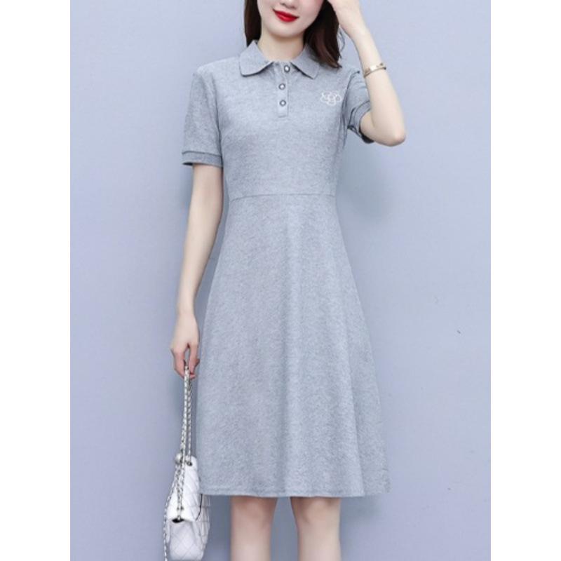 Women's Summer Embroidered Black Polo Collar A-Line Dress - Slimming & Fashionable Casual Sporty Style