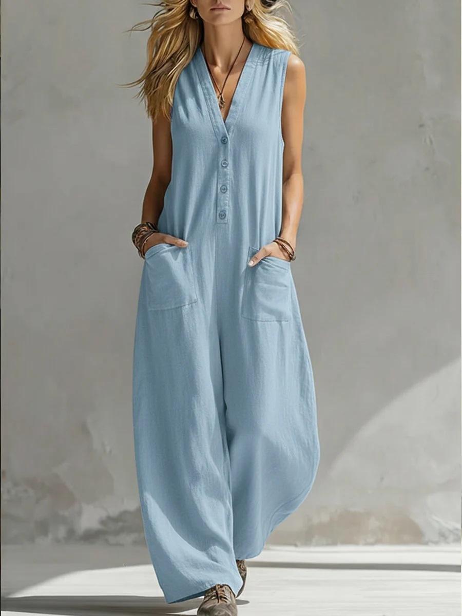 2026 European and American Amazon Independent Station Double Pocket Casual Linen Cotton Sleeveless Jumpsuit European and American Style Jumpsuit S