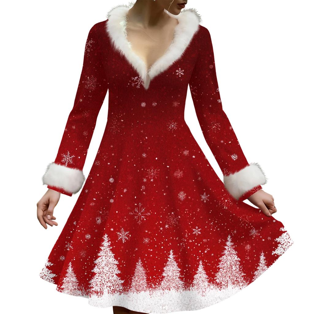 Damska codzienna sukienka z dekoltem w serek, z pluszowym nadrukiem świątecznym i długim rękawem