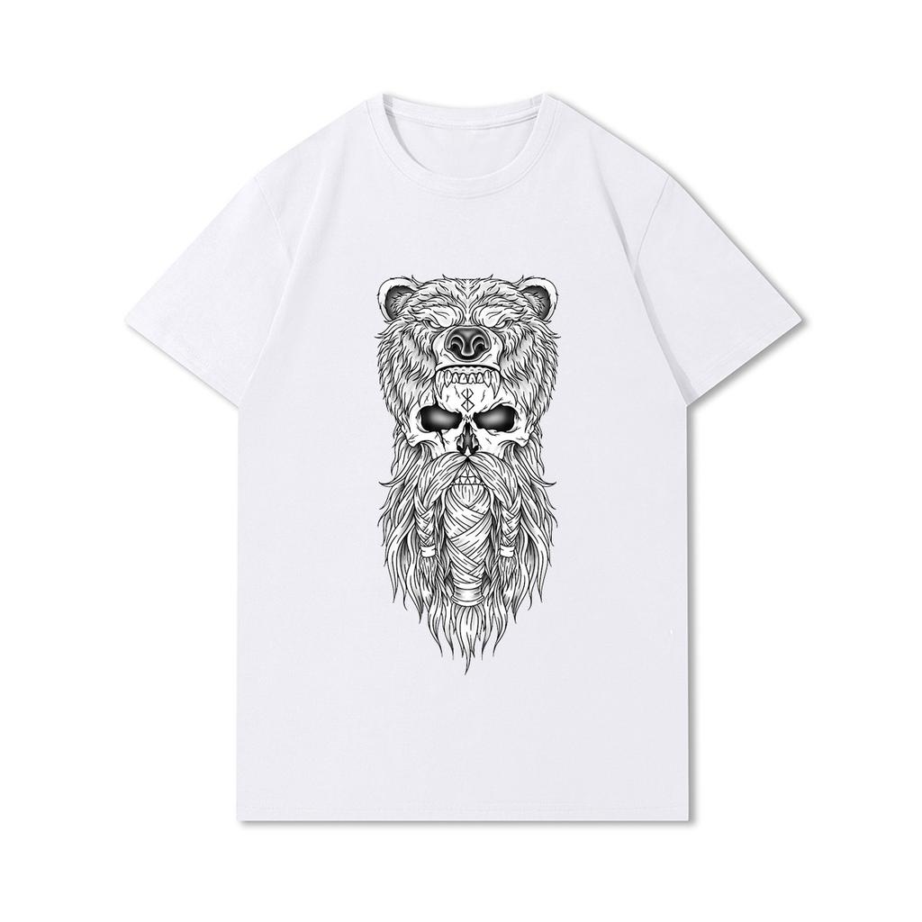 100% Cotton Summer Men T Shirts Viking Vintage Skull Beard with Headphone Printed Casual Top Tees