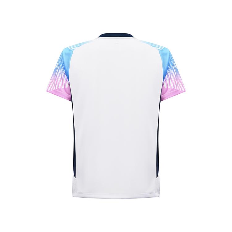 Li Ning Badminton Series High-Value Dynamic Striped Soft Breathable V-Neck Short Sleeve T-Shirt Unisex Tops White AAYV199-1