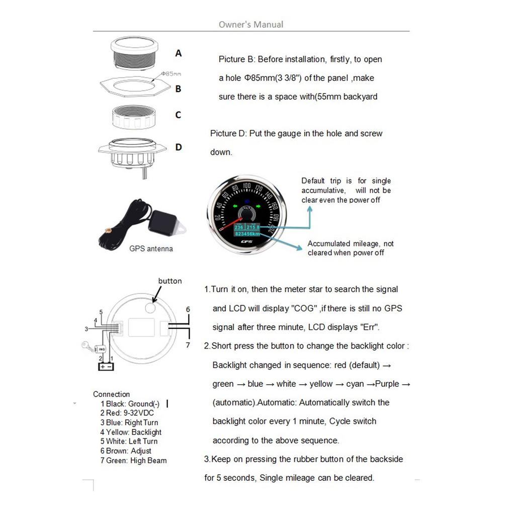 3 in 1 GPS Tachometer 200KMCelsiusH 85mm 9‑32V 7 Color Backlit Antifog for Boat Car RV Motorcycle