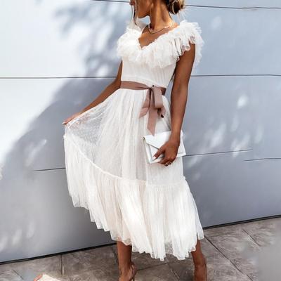 Lady Petticoats Plus Size Formal Dress V Neck Pleated Women Short Sleeve Belt Large Hem Dress for Banquet
