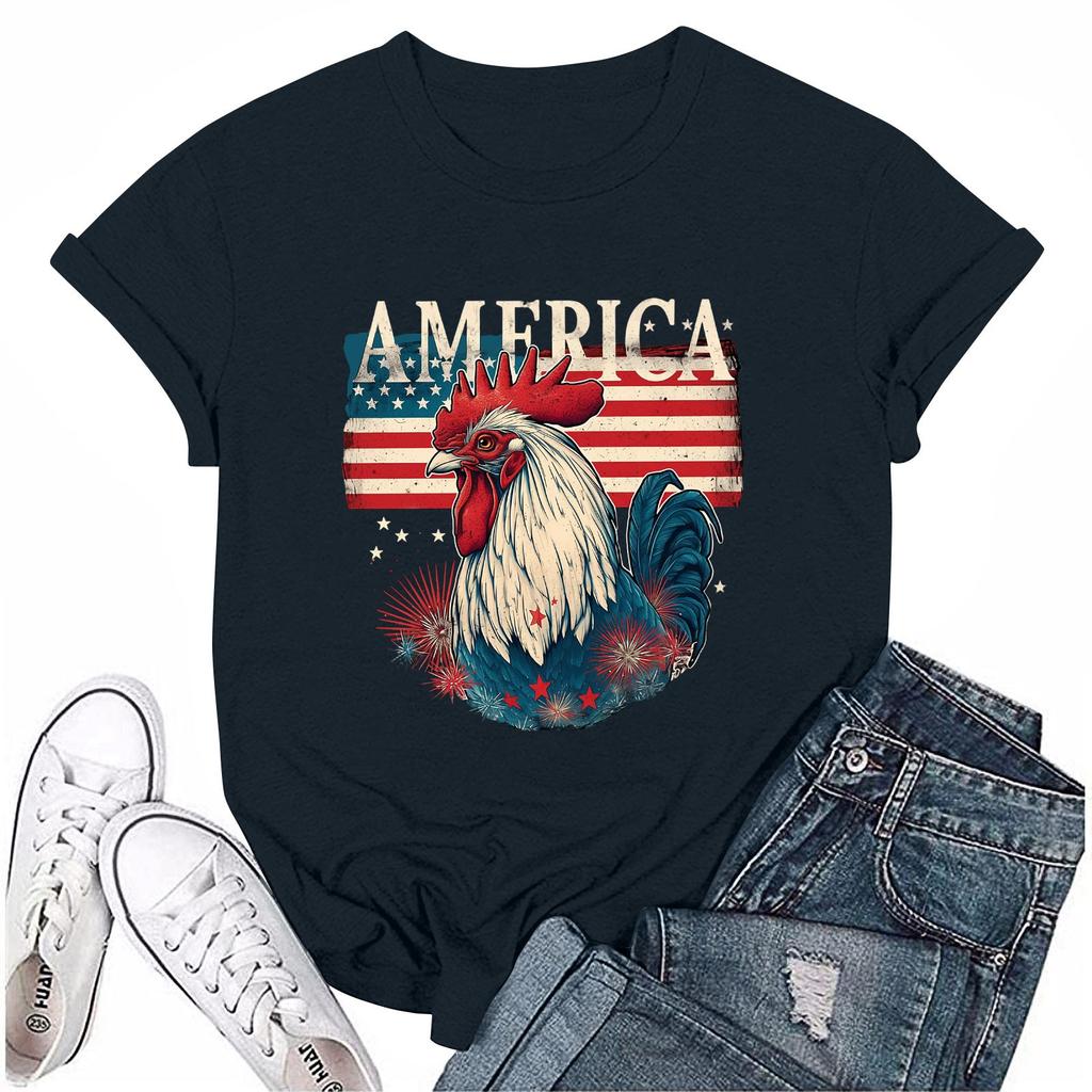 Women's Round Neck Casual Independence Day Printed Short Sleeve T-Shirt Top