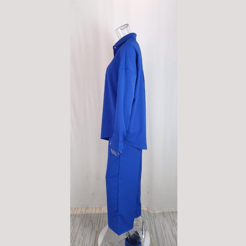 Jesienno-zimowa luźna, elastyczna, pognieciona koszula z długim rękawem, spodnie z szerokimi nogawkami, komplet wypoczynkowy damski dwuczęściowy