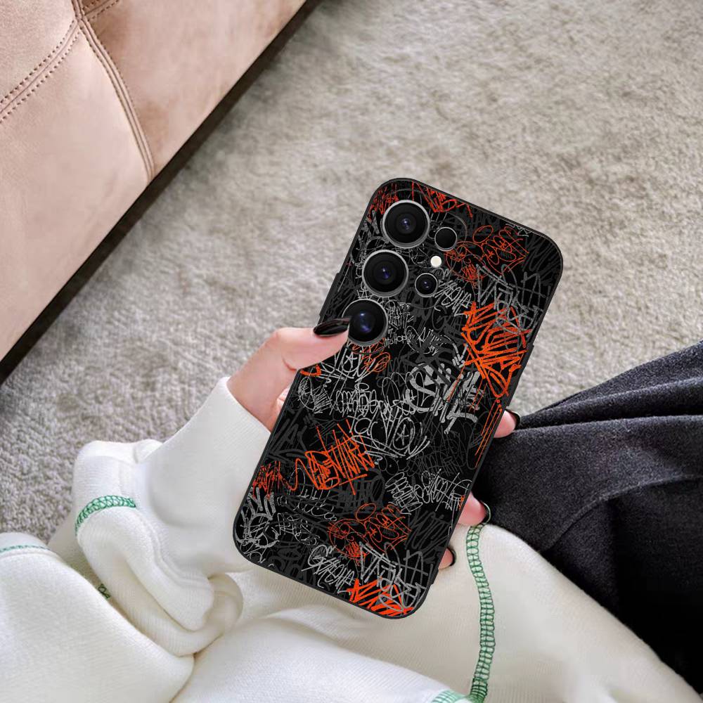 Cool Black Graffiti Phone Case For Samsung S 20 21 22 23 lite plus ultra Clear Mobile Cover Funda