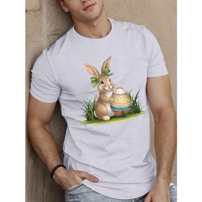 European sizes Rabbit with Decorated Easter Egg Men's Short Sleeve T-shirt Summer T-shirt Top