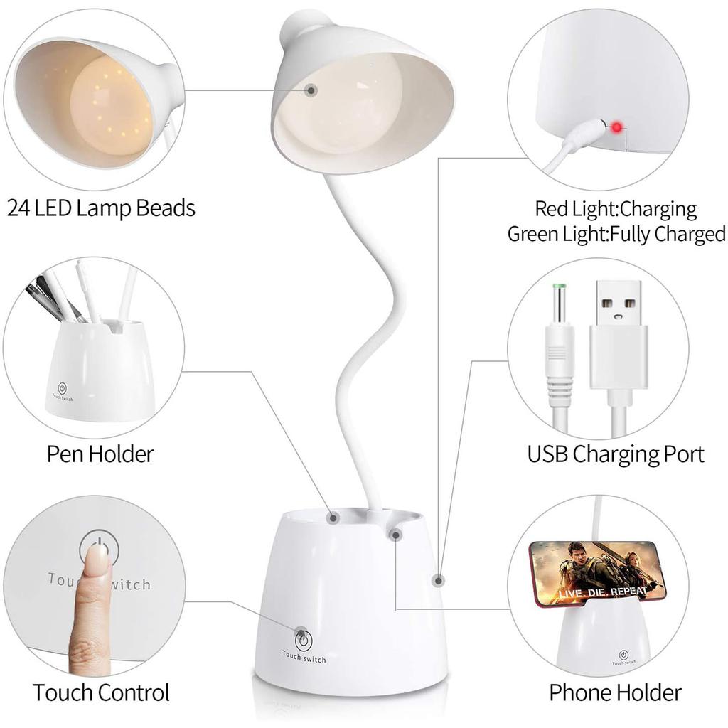 LED Rechargeable Touch Dimmable Desk Lamp with Flexible Neck and Pen Holder for Office Study Bedroom Lighting