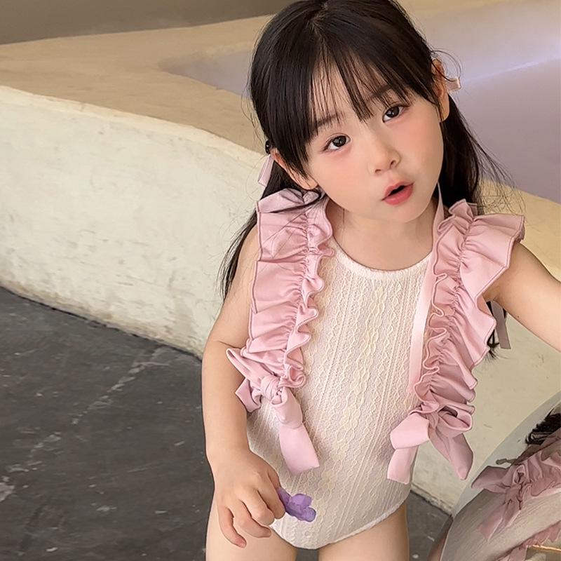 Girls' Mori Style Two-Tone Lace Romper with Bow