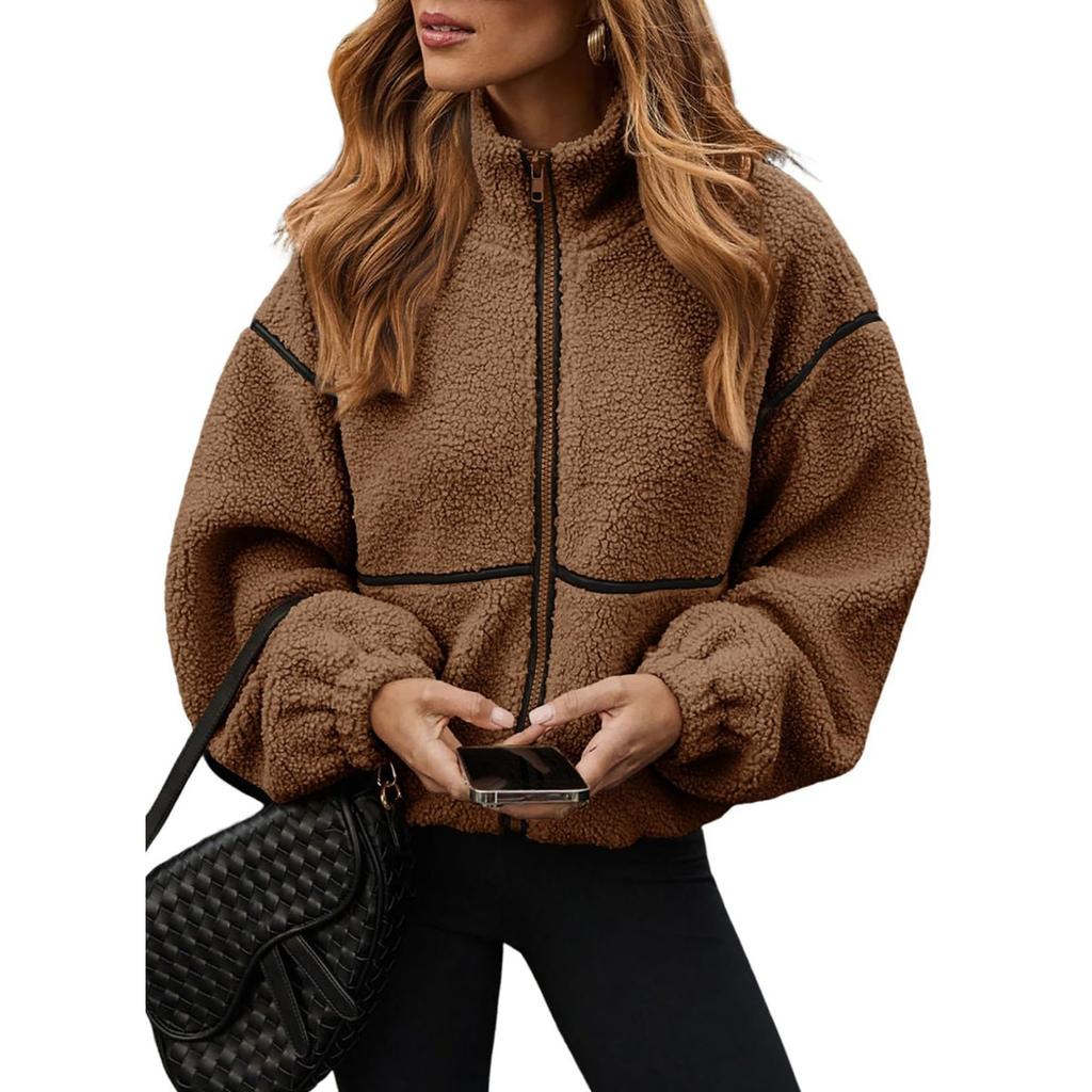 Cappotto Caldo e Morbido da Donna Autunno Inverno Color Block in Lana d'Agnello con Zip, Capospalla Transfrontaliero Stile Europeo Americano