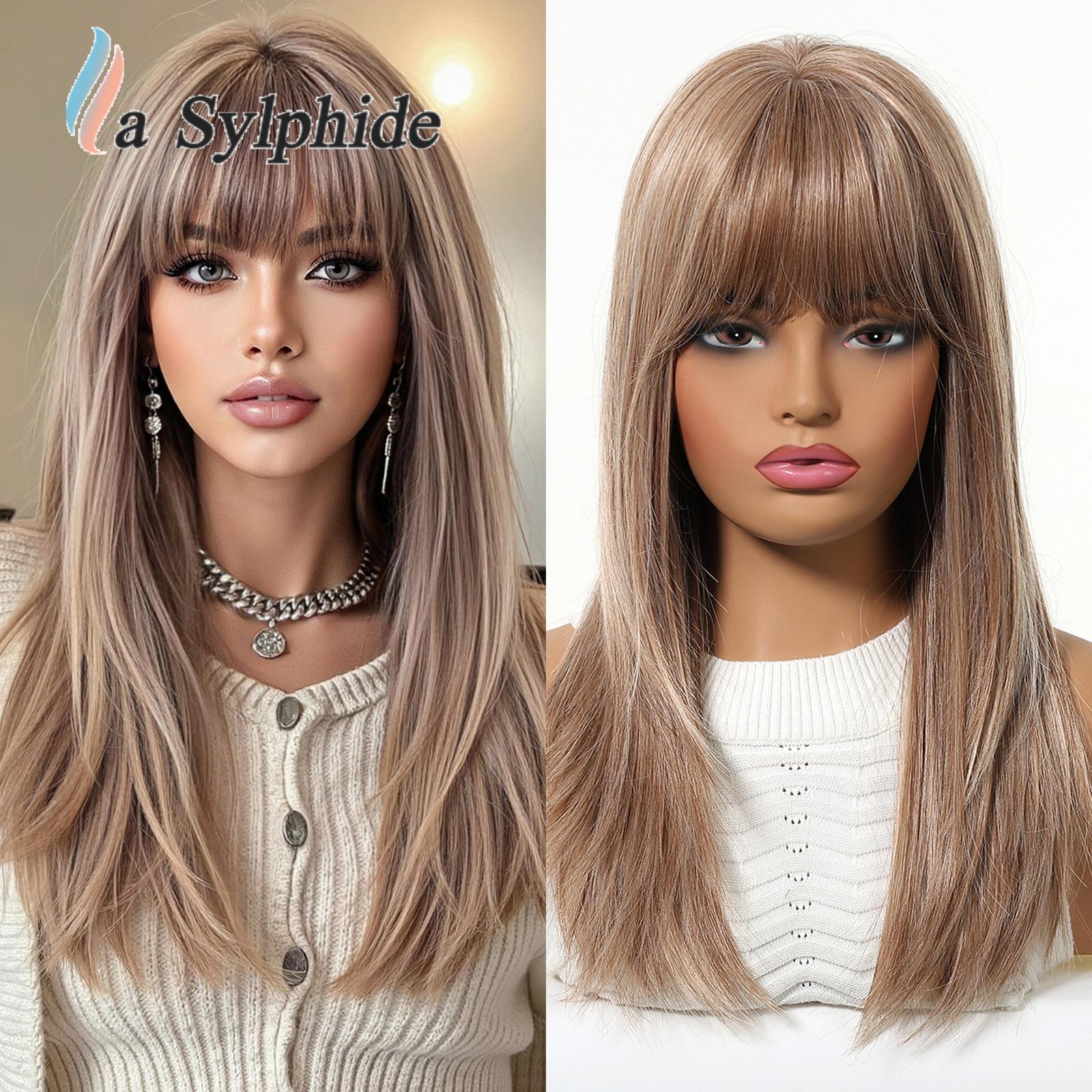 

Дихаюча коричнева пряма перука з рівним чубчиком і повним покриттям голови