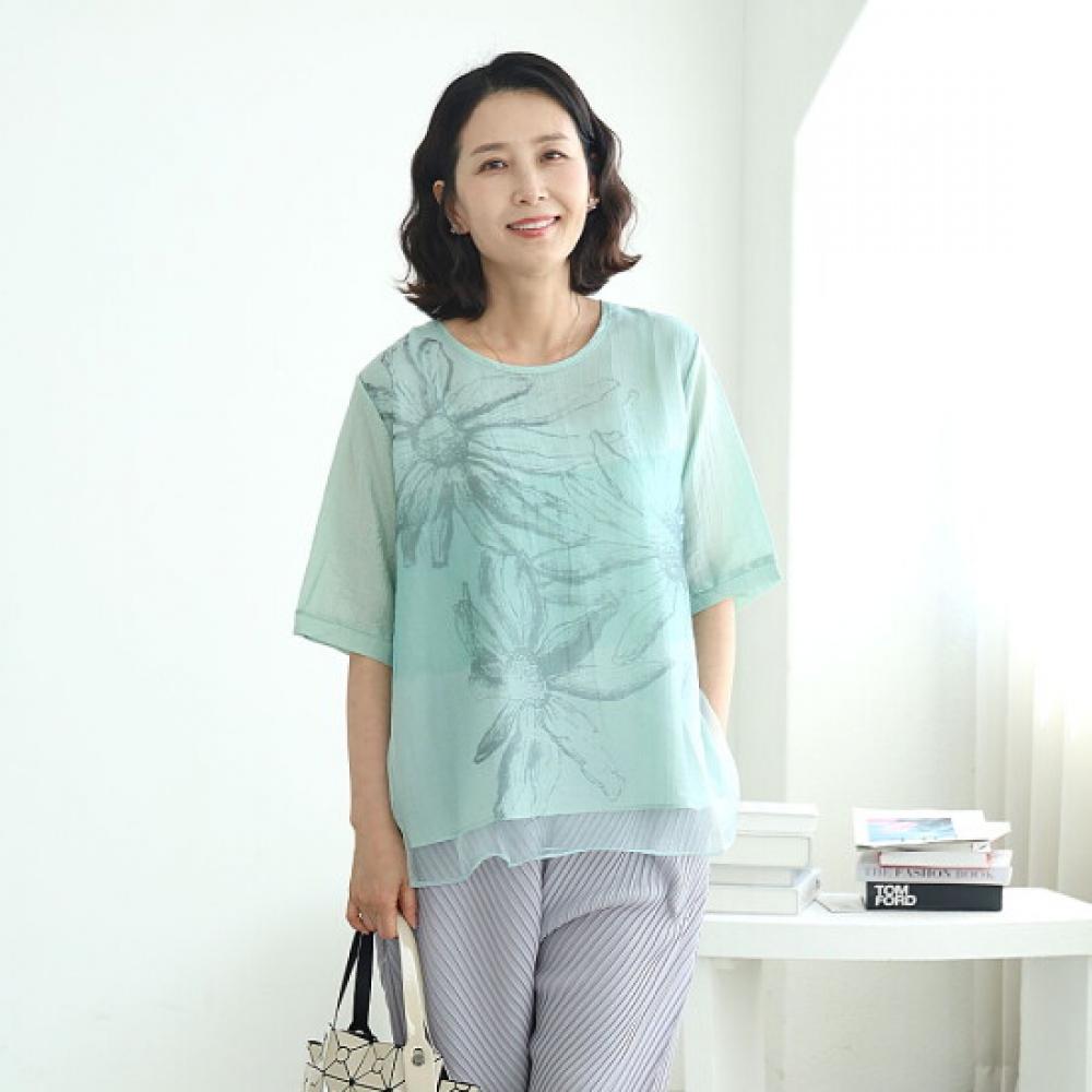 Shiz Madam Summer Watercolor Garden Double Tencel Blouse T57541