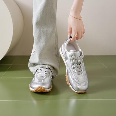 Flat Shoes Women's Leather Summer New Lace-up Breathable Mesh Casual Sports Forrest Gump Board Shoes Tide