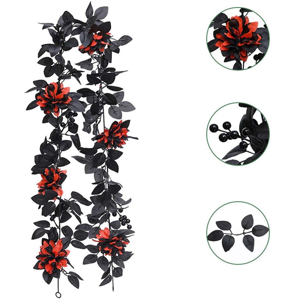 Artificial Black Rose Vine For Halloween Decor Vintage Faux Flowers Decor Red Berries Plant Garland For Outdoor Home Wall Decor