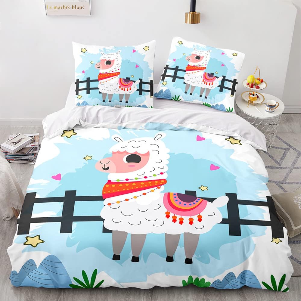 Cute Llamas Duvet Cover Set,Kawaii Alpaca BeddingSet 2pcs for Kids Girl Bedroom Decor,Cartoon Animal Quilt Cover with Pillowcase