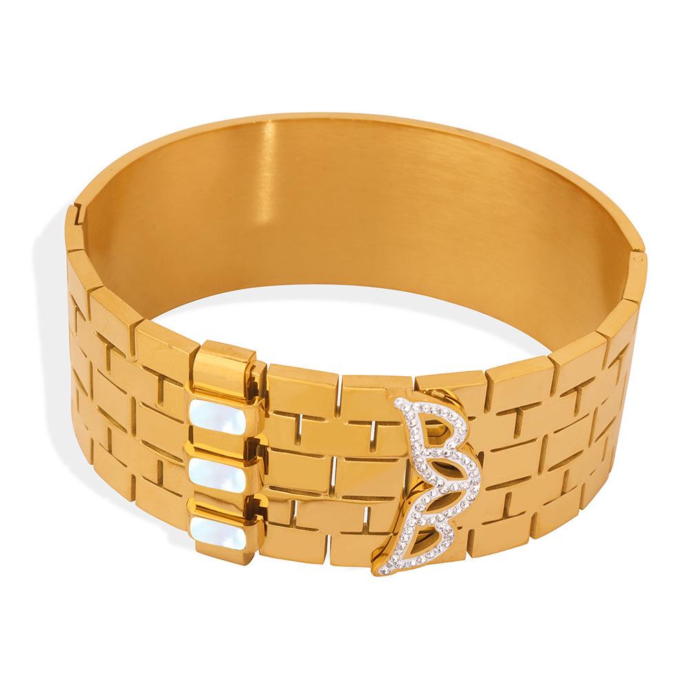 18K Gold Plated Honeycomb Pattern Stainless Steel Wide Bracelet with Zirconia Inlaid - European & American Fashion.