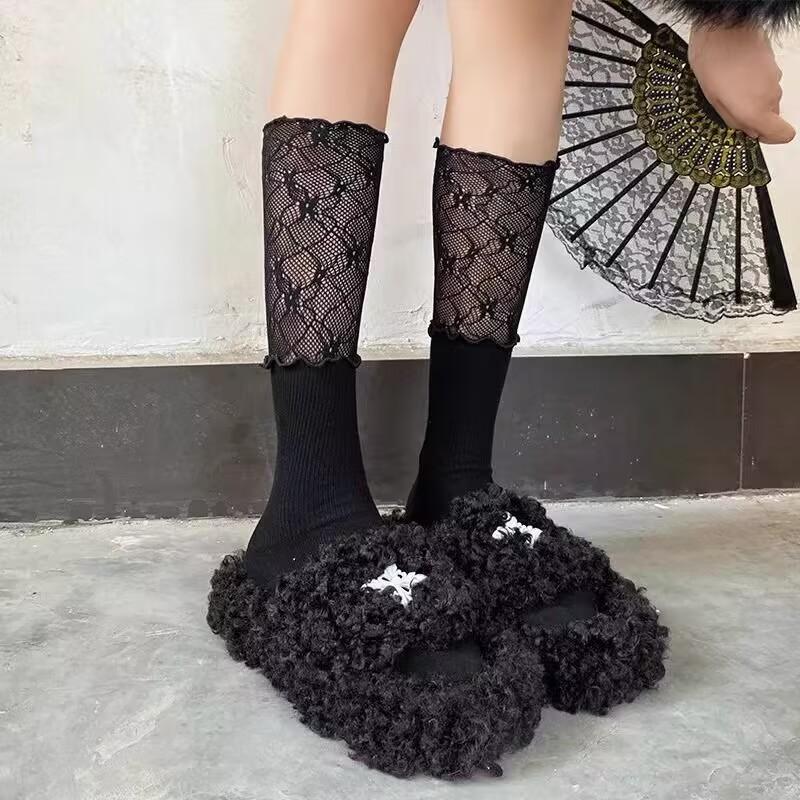 

Носки с кружевной вставкой, Женские осенние носки до икры, Носки для балетных пуант, Кружевные носки с оборками из кружева и черного гриба 1 pair чёрный