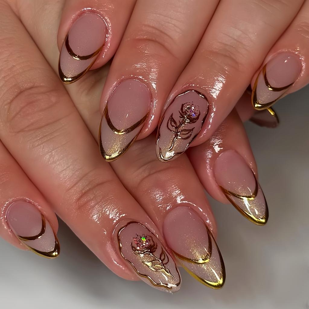 24 STÜCKE Süße Rosa Rosen Mandel Aufklebe-Falschnägel Goldene Blumenmuster mit Perle Französische Falschnägel für Frauen Abnehmbarer Nagel