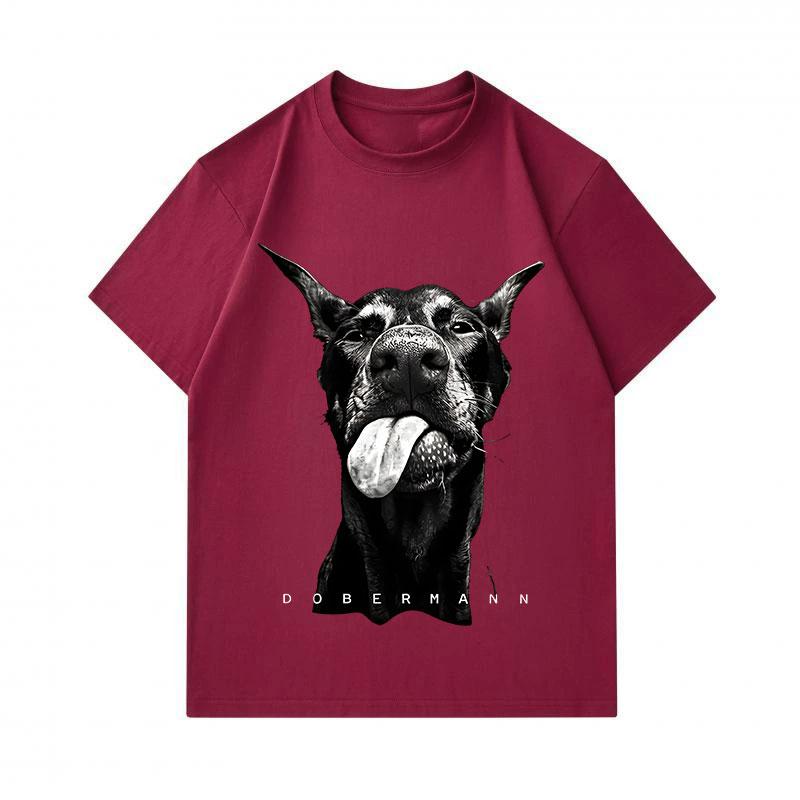 Men's 100% Cotton Short Sleeve O-Neck T-Shirt, Cute Tongue Out Doberman Dog Print Casual Comfortable Crew Neck Tee Top for Daily Wear