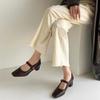 Retro Square Toe Soft Leather Womens Pumps French Shallow Mouth Buckle Belt Thick Med Heel Mary Janes Shoes Footwear