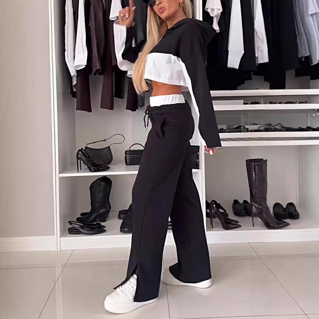 Nowy Modny Damski Zestaw Bluza z Kapturem Color Block i Długie Spodnie ze Sznurkiem