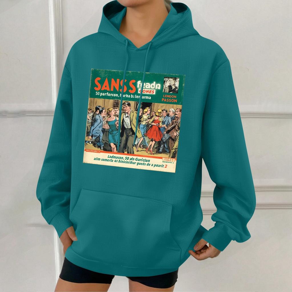 Damode Retrotryckt Ledig Huvtröja med Fickor