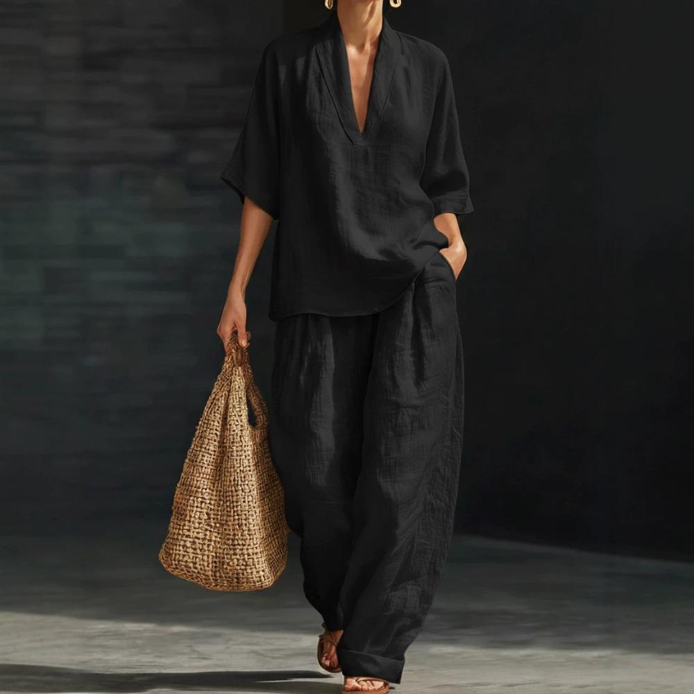Damen Lässiges V-Ausschnitt Kurzarm Top & Weite Hosen Zweiteiliges Set, Lockeres Entspanntes Outfit für den Sommer
