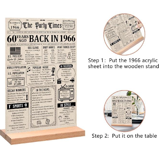 Trgowaul 60th Birthday Decorations Women Men, Vintage Back In 1966 Birthday Poster Acrylic Table Sign with Stand, 60th Anniversary Decor Gifts for