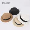 New Women's Hat Ribbon Straw Sun Hat Breathable Large Brim Beach Summer Boater Beach Ribbon Round Flat Top Hat For Women