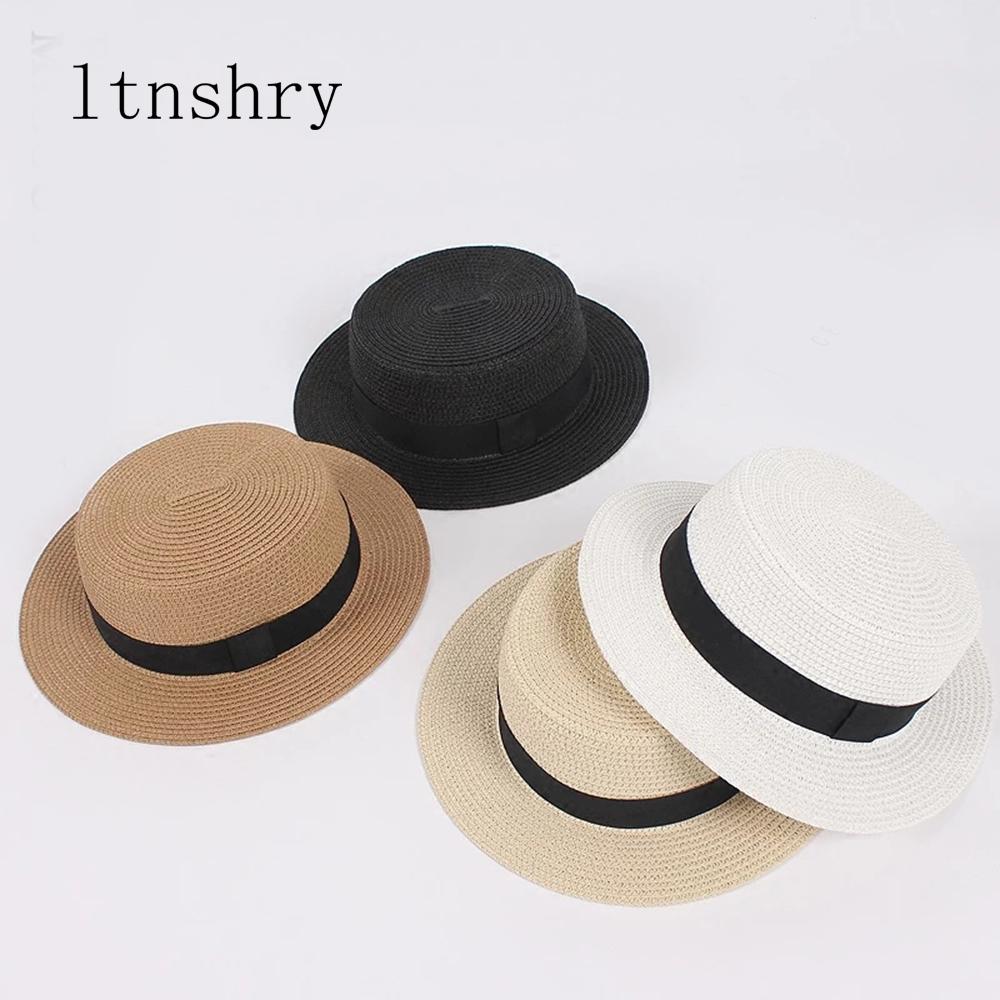 New Women's Hat Ribbon Straw Sun Hat Breathable Large Brim Beach Summer Boater Beach Ribbon Round Flat Top Hat For Women