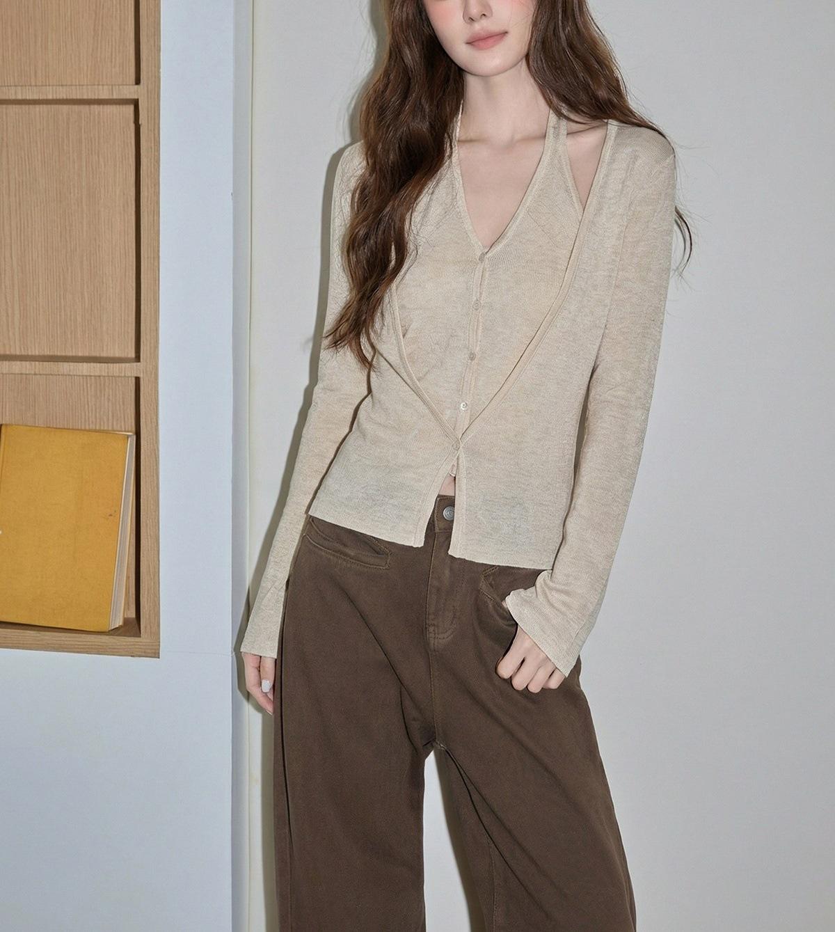 EGGK Patchwork Halterneck Long-Sleeve Knit Top - Spring/Summer Slimming Design One size