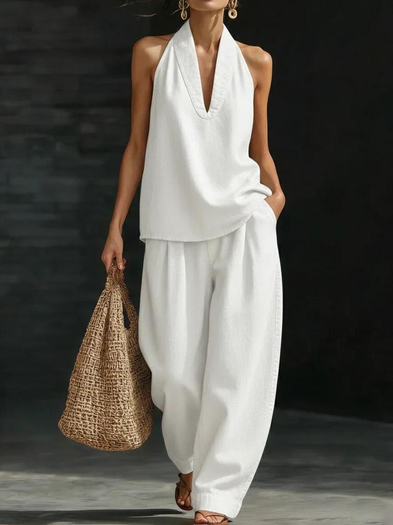 Women's Sleeveless V Neck Wide Leg Jumpsuit Loose Casual One Piece Summer Outfit