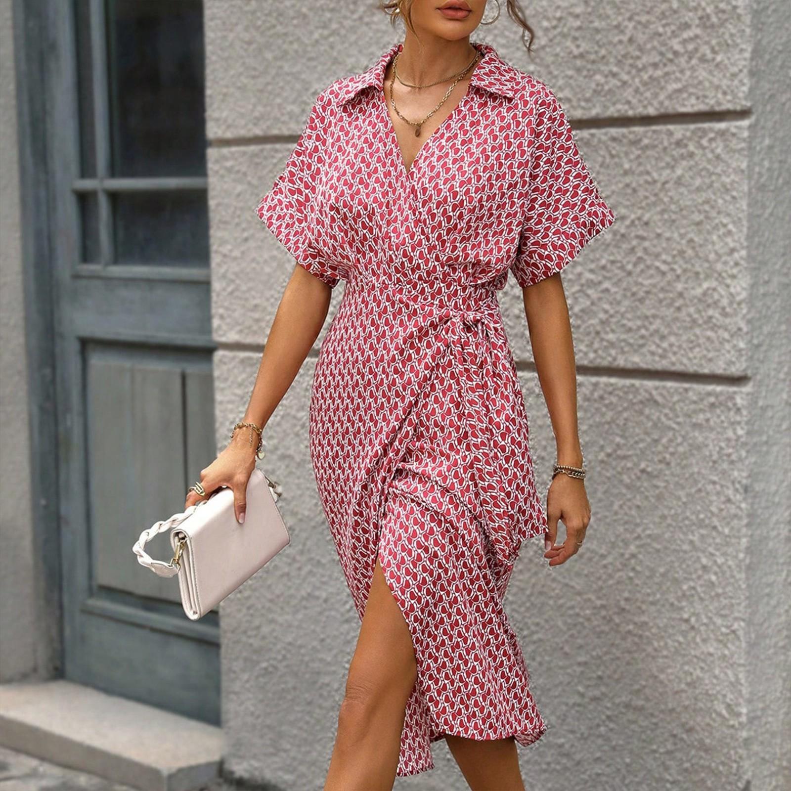 

Женское летнее длинное платье с принтом, повседневное и модное, с поясом, V-образным вырезом и короткими рукавами, удобное платье XL розовый