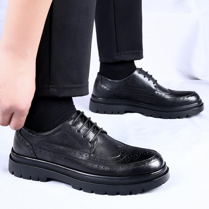 Spring New Men's Genuine Leather British Style Thick Sole Casual Leather Shoes Brand Men's Lace Up Carved Business Leather Shoes