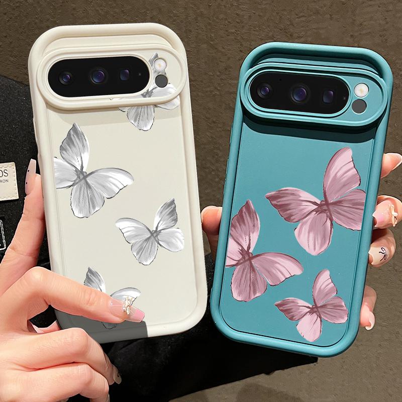 Capa Fosca Antichoque com Padrão de Borboletas em Cor Sólida para Google Pixel 9 Pro XL 8 Pro 8A TPU Macia Proteção de Lente Capa de Telefone