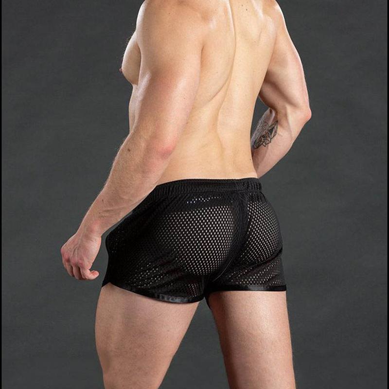 Summer Men Sport Shorts Color Matching Hollow Mesh Loose Drawstring Elastic Waist Quick Dry Jogging Gym Vacation Beach Shorts